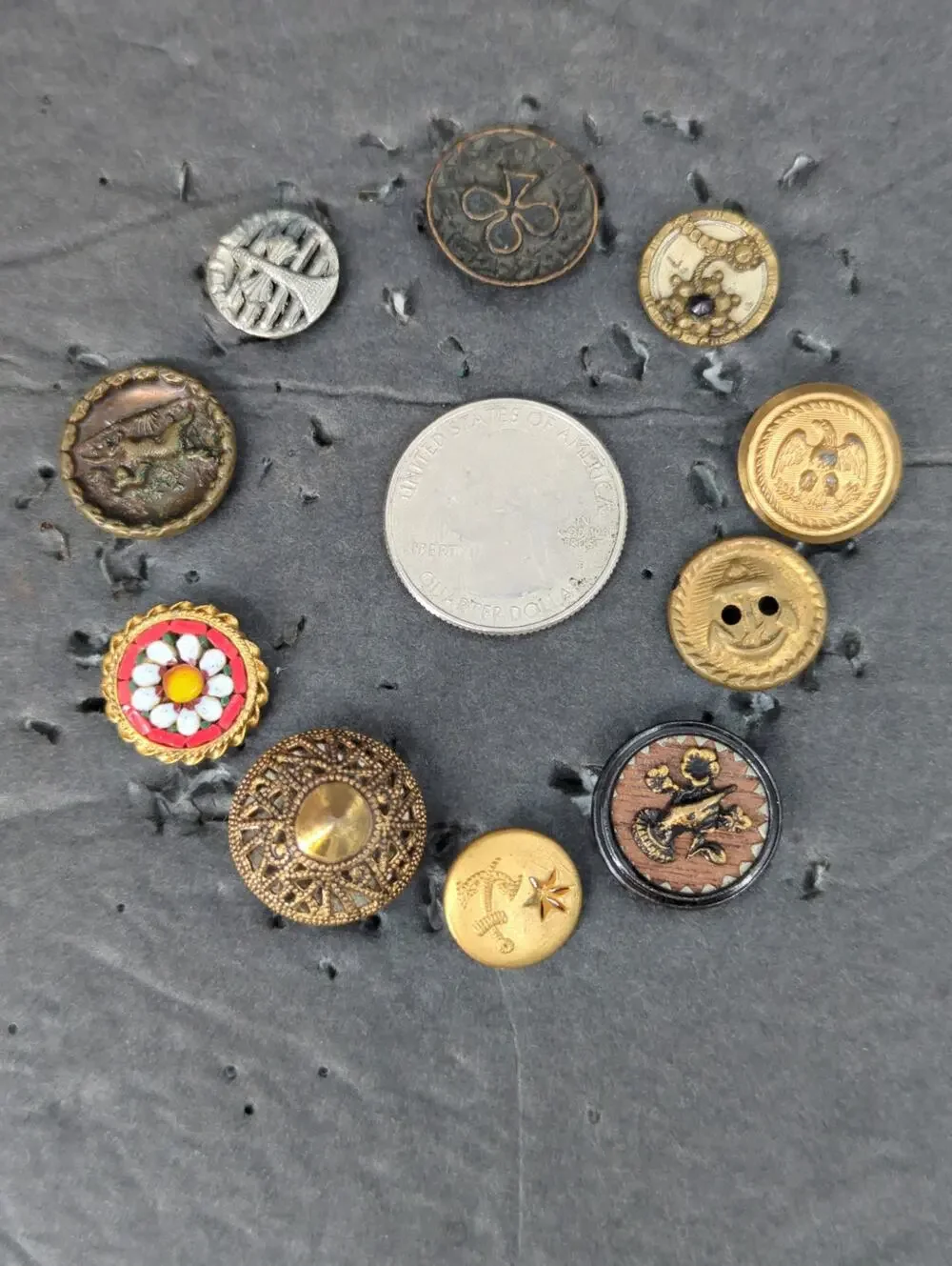 LOT Y of 10 Antique Vintage Victorian Brass Mixed Materials Buttons ESTATE FIND